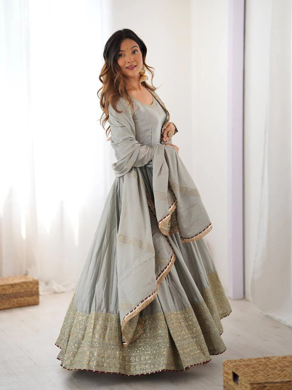 Pure Chinon Silk Thread with Sequence Work Women Gown Set
