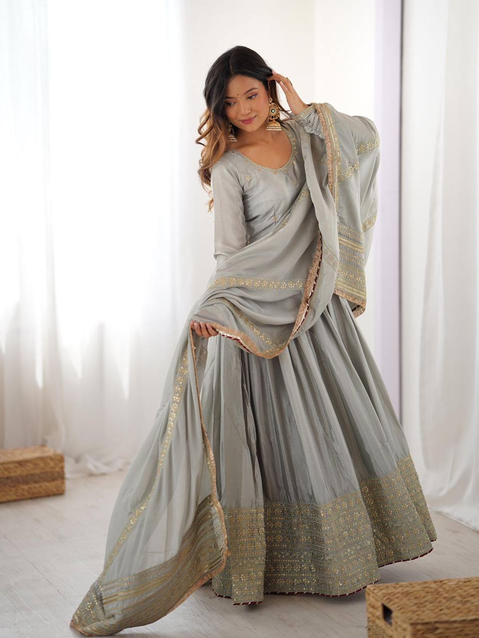 Pure Chinon Silk Thread with Sequence Work Women Gown Set