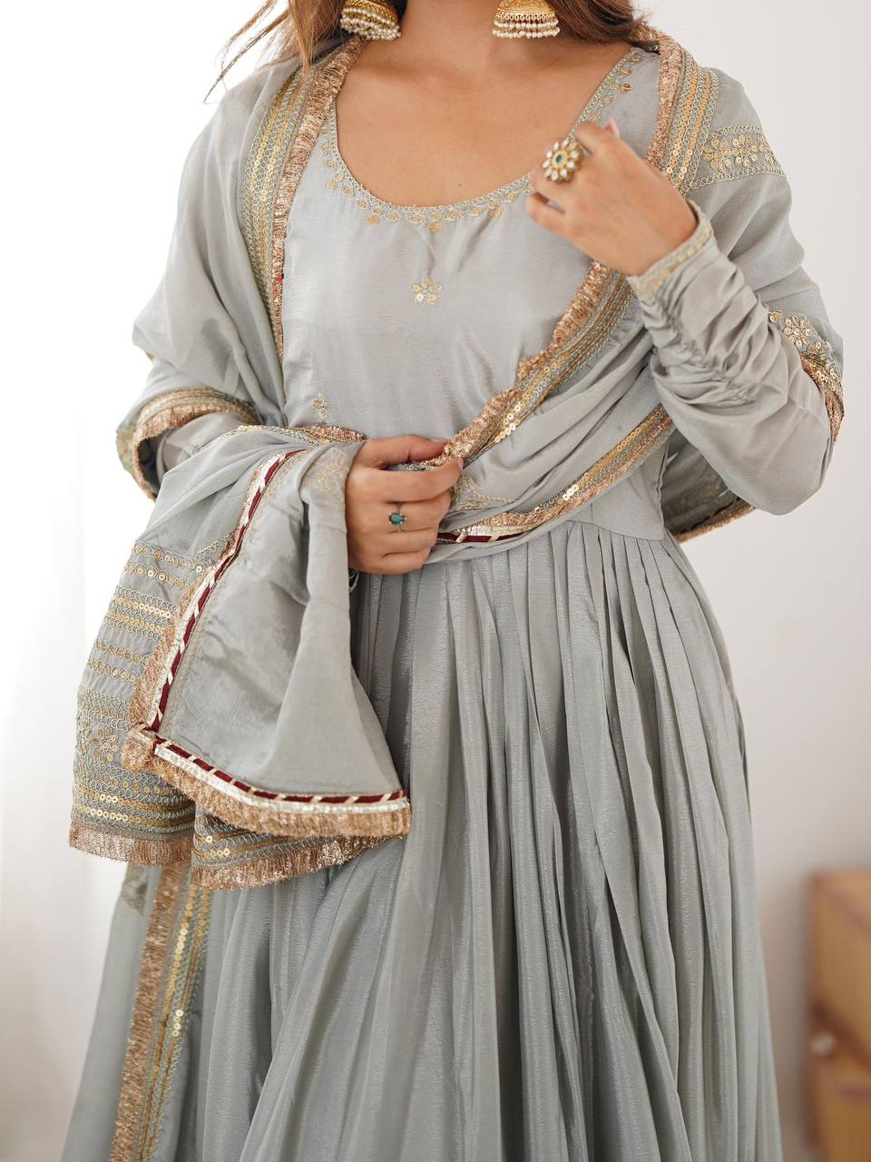 Pure Chinon Silk Thread with Sequence Work Women Gown Set