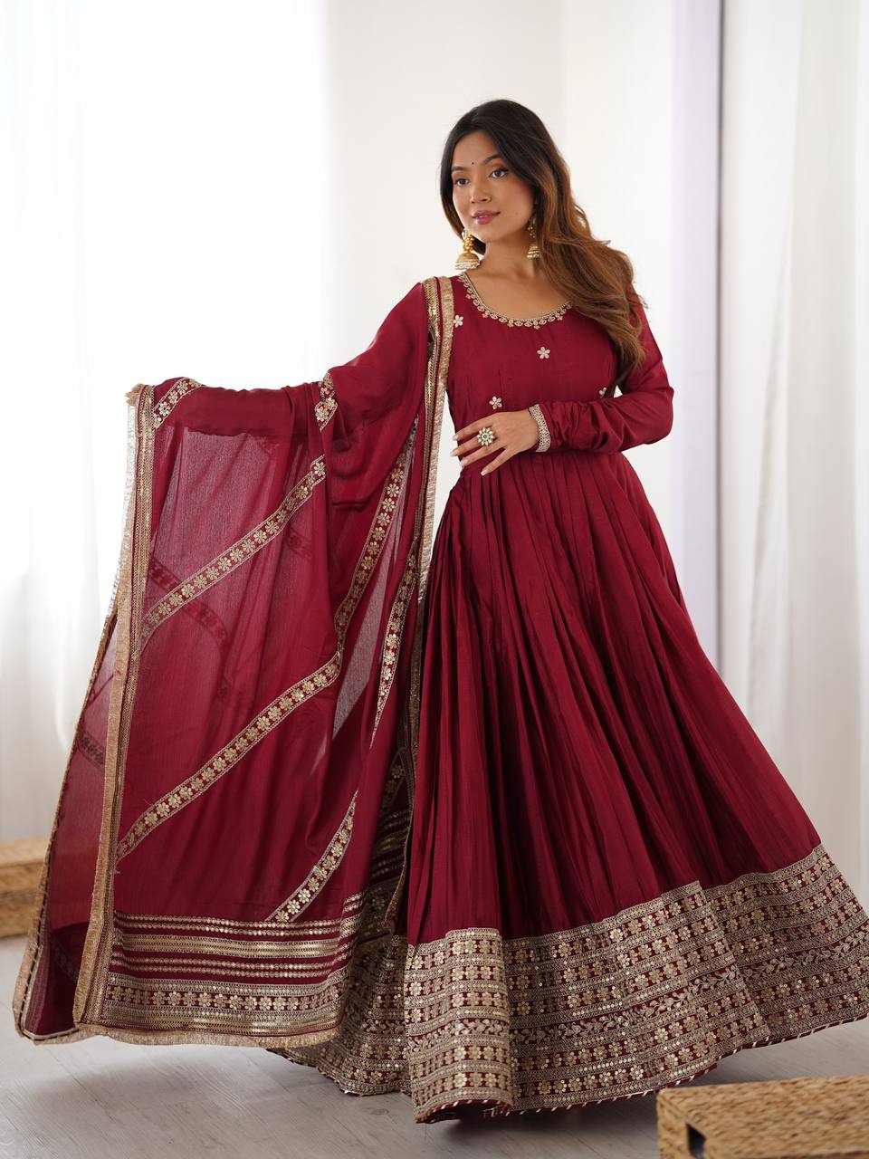 Pure Chinon Silk Thread with Sequence Work Women Gown Set