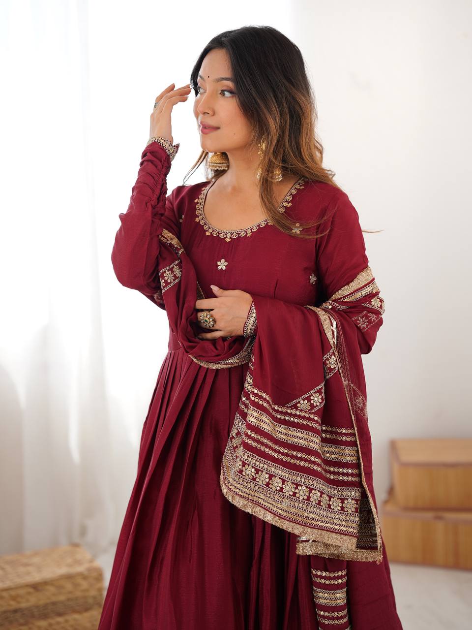 Pure Chinon Silk Thread with Sequence Work Women Gown Set