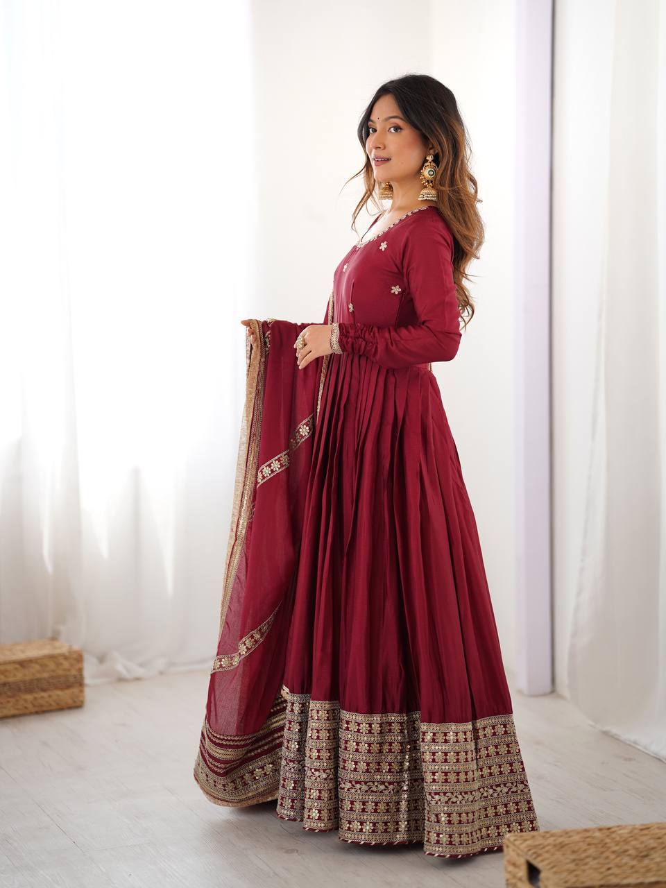 Pure Chinon Silk Thread with Sequence Work Women Gown Set