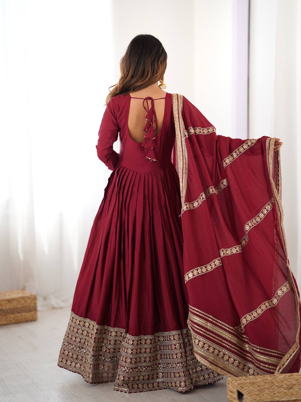 Pure Chinon Silk Thread with Sequence Work Women Gown Set