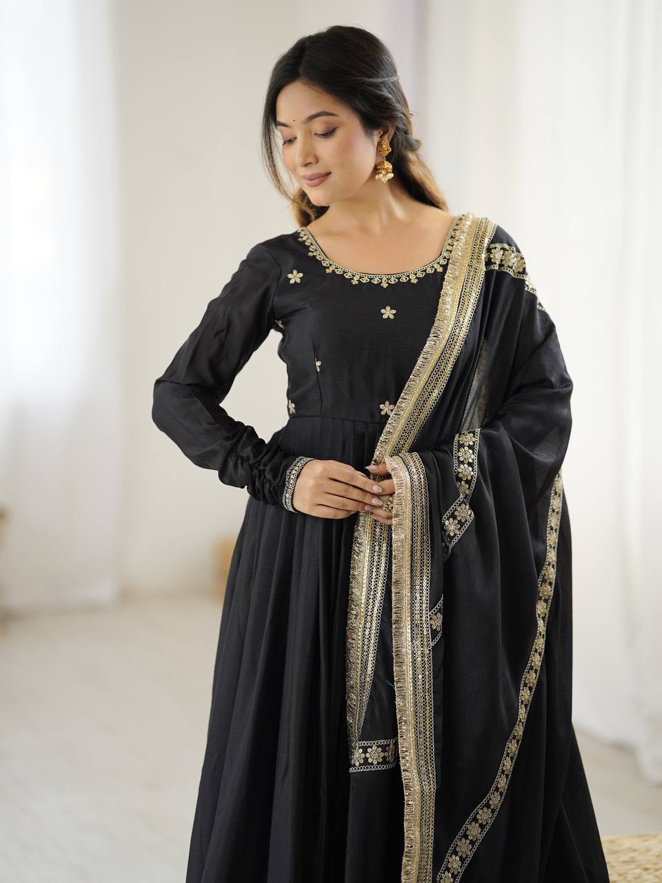 Pure Chinon Silk Thread with Sequence Work Women Gown Set
