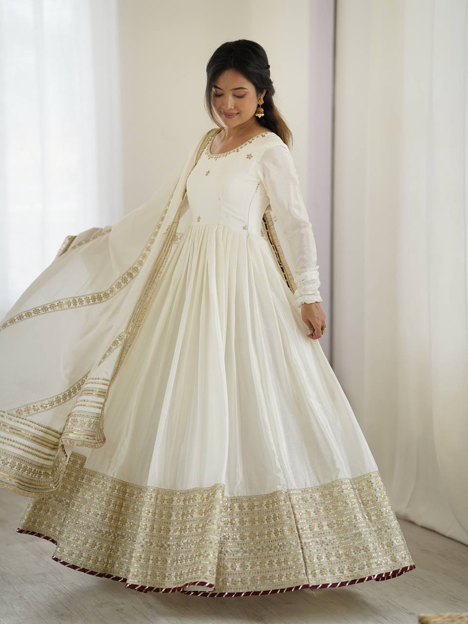 Pure Chinon Silk Thread with Sequence Work Women Gown Set

