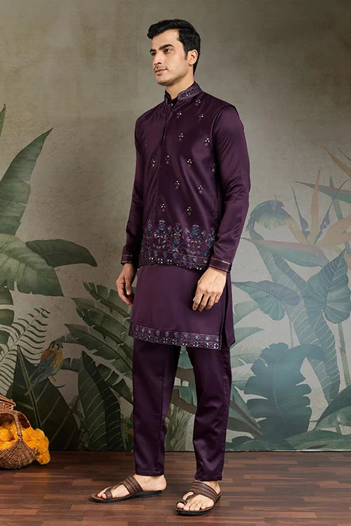 Wedding Special Purple Kurta Koti Set for Men