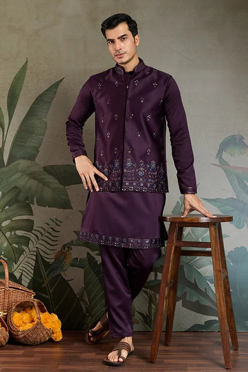 Wedding Special Purple Kurta Koti Set for Men
