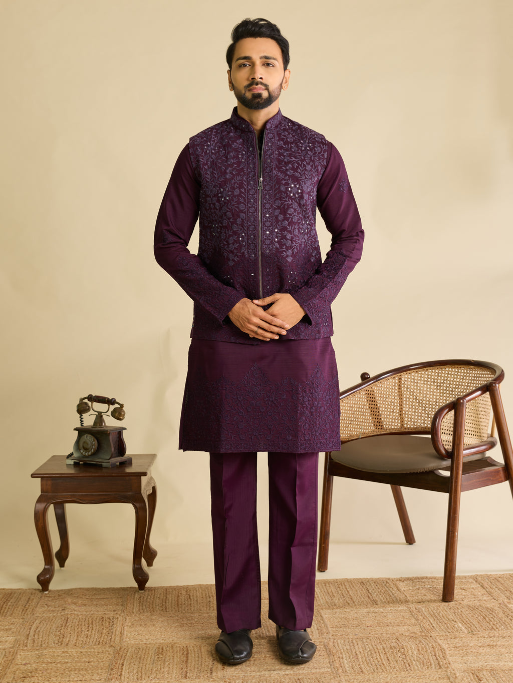 Men’s Purple Art Silk Mirror Work Embroidered Kurta Jacket & Pant Set
