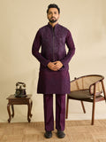 Men’s Purple Art Silk Mirror Work Embroidered Kurta Jacket & Pant Set
