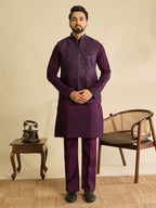 Men’s Purple Art Silk Mirror Work Embroidered Kurta Jacket & Pant Set
