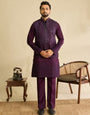 Men’s Purple Art Silk Mirror Work Embroidered Kurta Jacket & Pant Set
