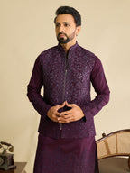 Men’s Purple Art Silk Mirror Work Embroidered Kurta Jacket & Pant Set

