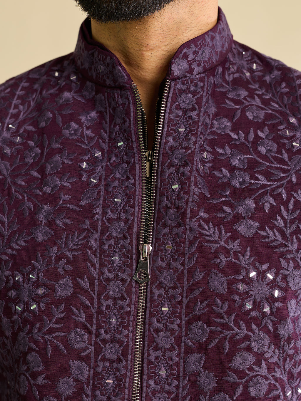 Men’s Purple Art Silk Mirror Work Embroidered Kurta Jacket & Pant Set
