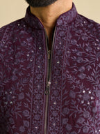 Men’s Purple Art Silk Mirror Work Embroidered Kurta Jacket & Pant Set
