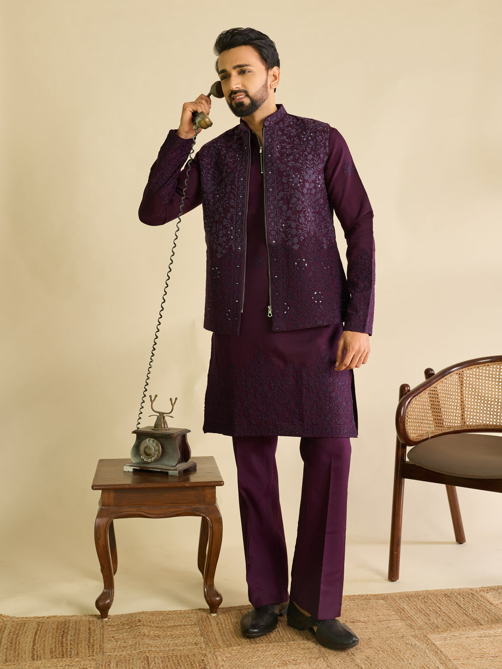 Men’s Purple Art Silk Mirror Work Embroidered Kurta Jacket & Pant Set
