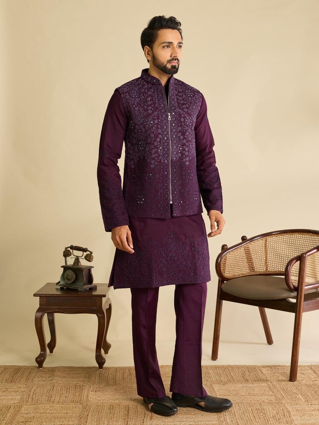 Men’s Purple Art Silk Mirror Work Embroidered Kurta Jacket & Pant Set
