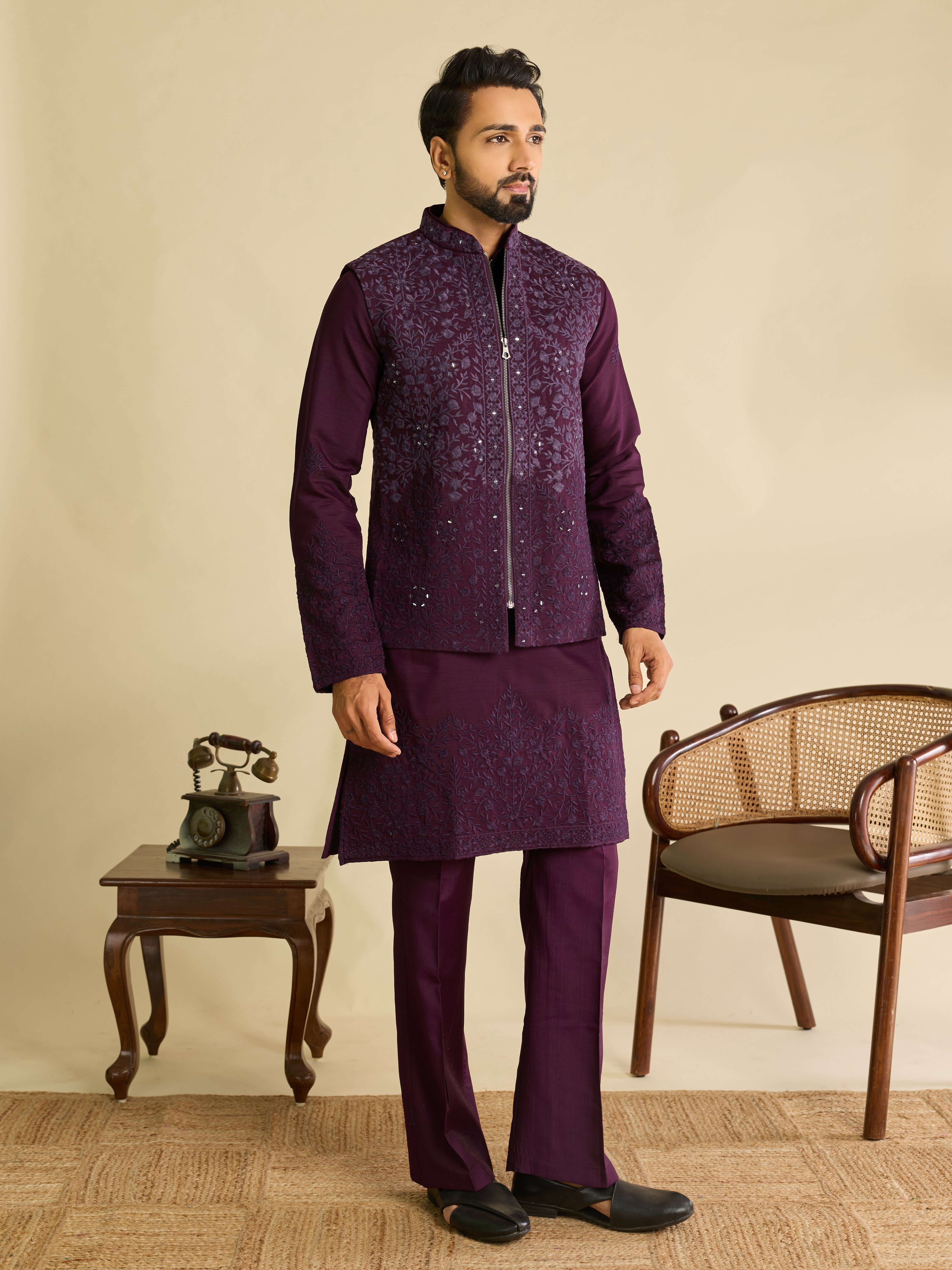 Men’s Purple Art Silk Mirror Work Embroidered Kurta Jacket & Pant Set
