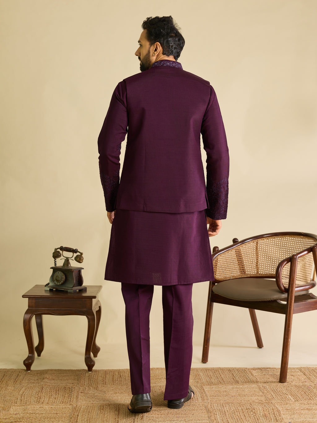 Men’s Purple Art Silk Mirror Work Embroidered Kurta Jacket & Pant Set
