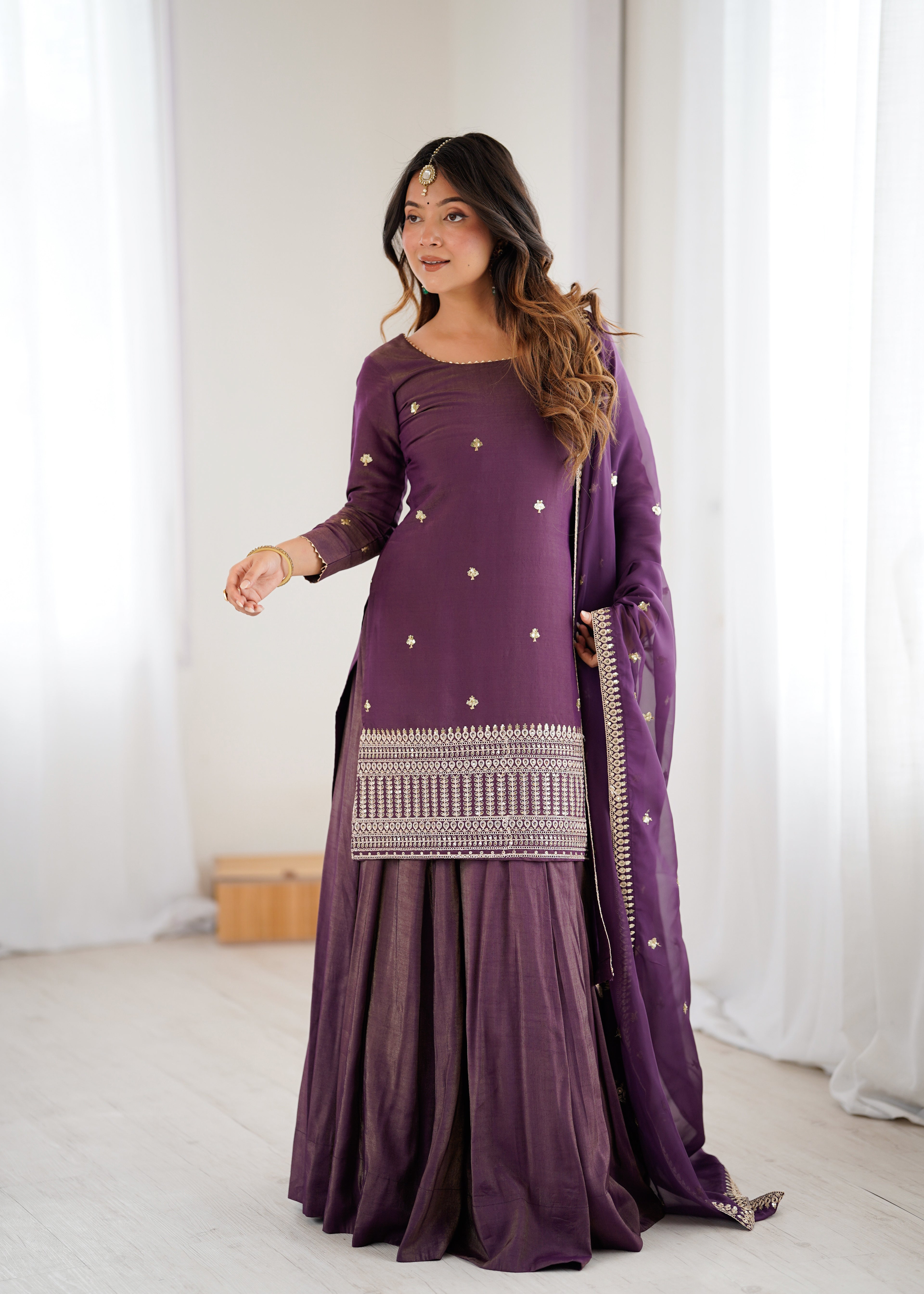 Designer Purple Chanderi Silk Embroidery Kurta with Flared Lehenga & Dupatta
