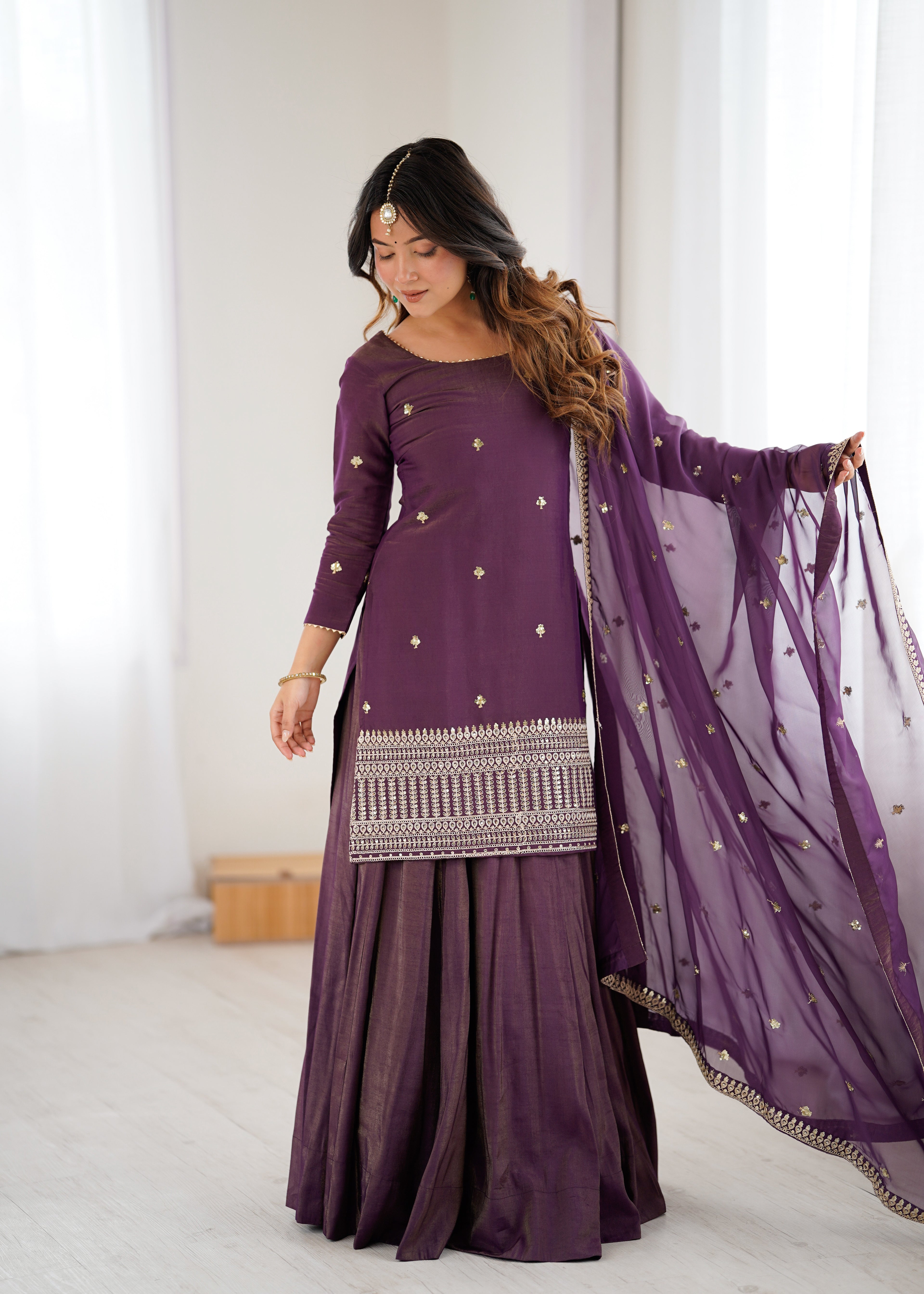 Designer Purple Chanderi Silk Embroidery Kurta with Flared Lehenga & Dupatta