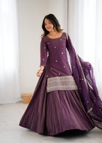 Designer Purple Chanderi Silk Embroidery Kurta with Flared Lehenga & Dupatta