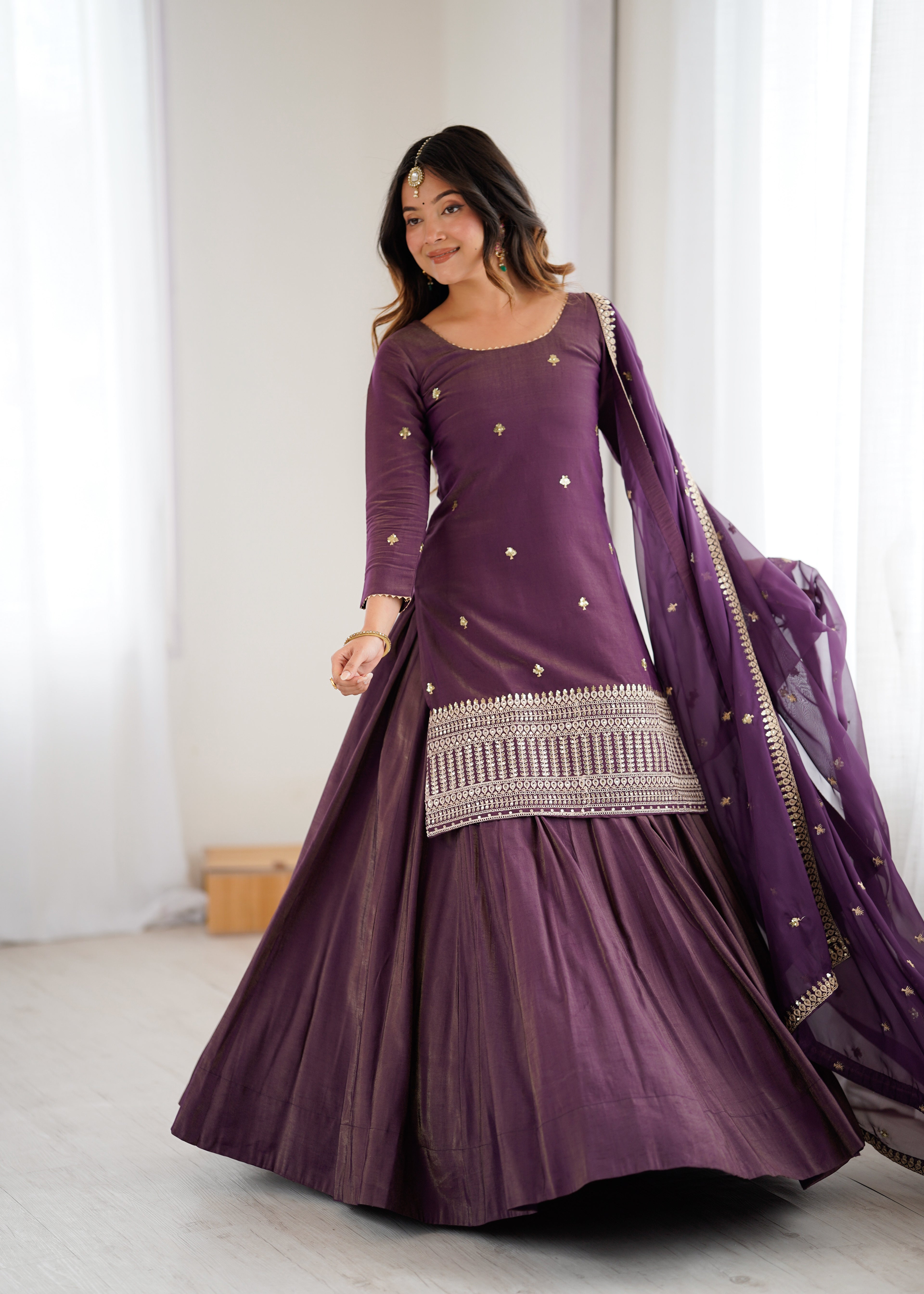Designer Purple Chanderi Silk Embroidery Kurta with Flared Lehenga & Dupatta