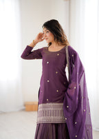 Designer Purple Chanderi Silk Embroidery Kurta with Flared Lehenga & Dupatta