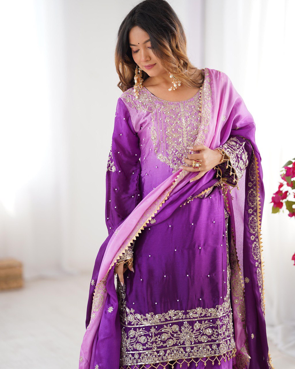 
Premium Chinnon Silk with Coding Dori with Sequence with Rivet Moti Work Fancy Suit Set
