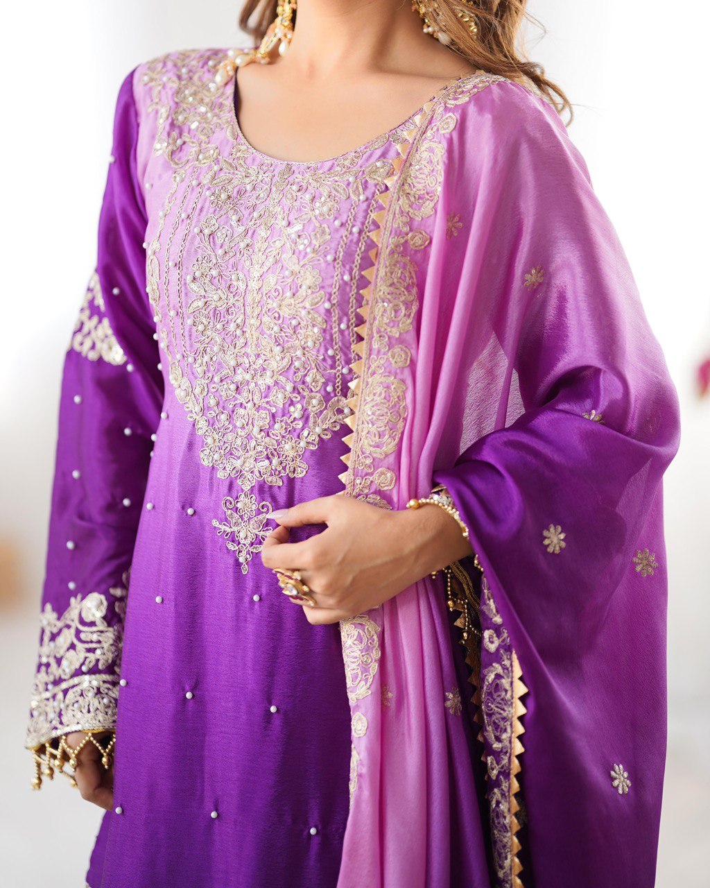 
Premium Chinnon Silk with Coding Dori with Sequence with Rivet Moti Work Fancy Suit Set