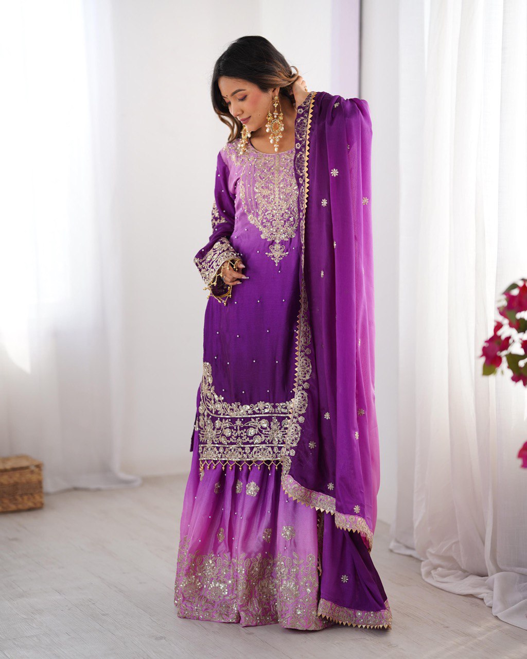 
Premium Chinnon Silk with Coding Dori with Sequence with Rivet Moti Work Fancy Suit Set