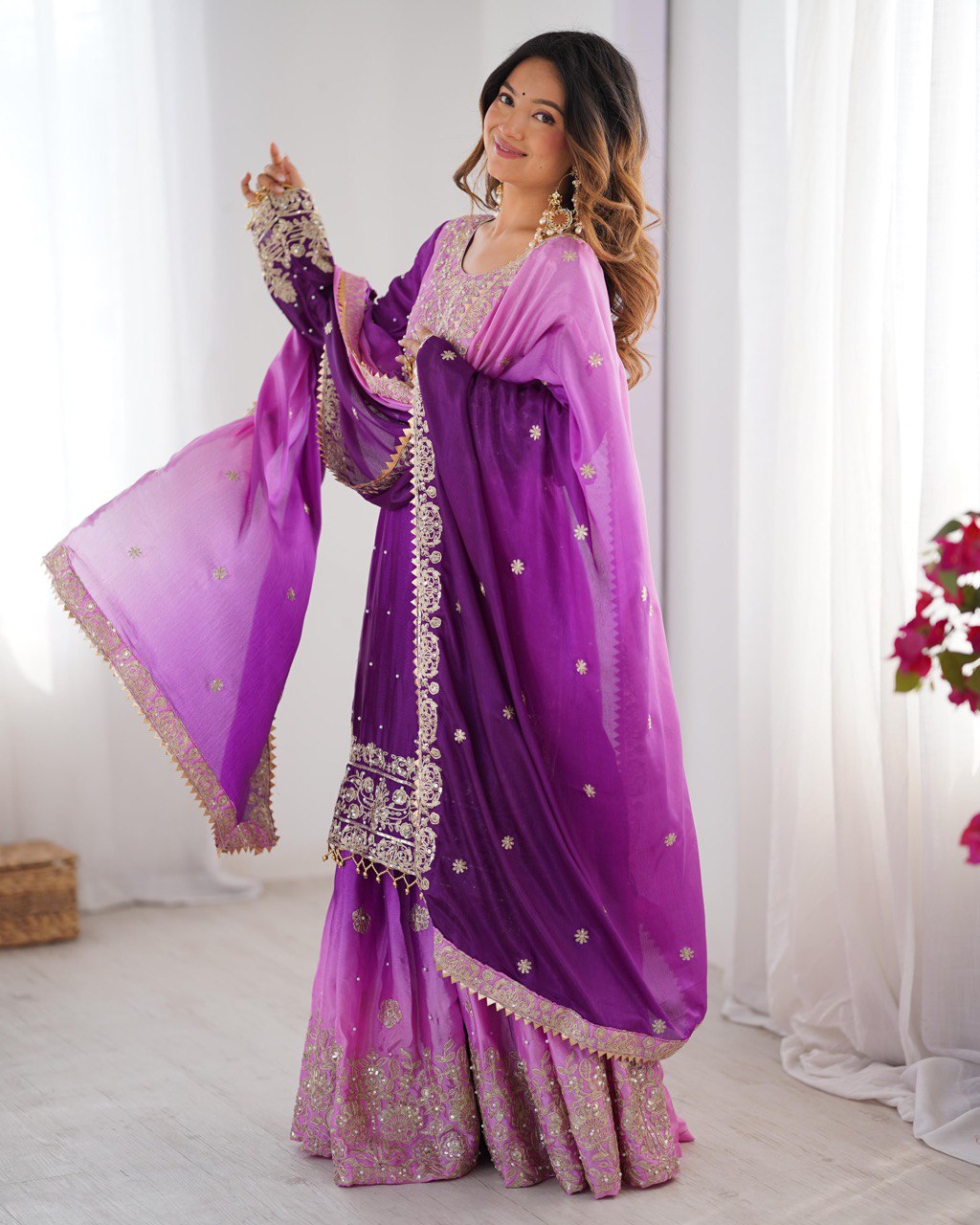 Premium Chinnon Silk with Coding Dori with Sequence with Rivet Moti Work Fancy Suit Set