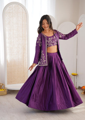 Purple Heavy Chinon Silk Embroidered Lehenga Choli Set With Koti