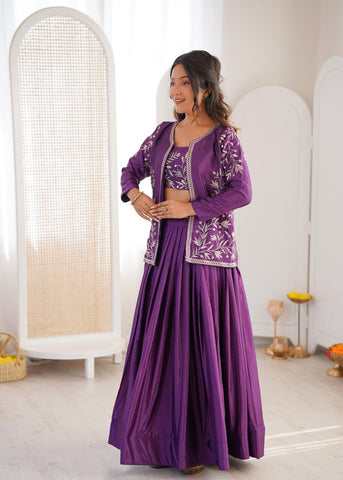 Purple Heavy Chinon Silk Embroidered Lehenga Choli Set With Koti