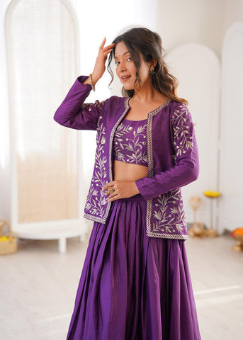 Purple Heavy Chinon Silk Embroidered Lehenga Choli Set With Koti
