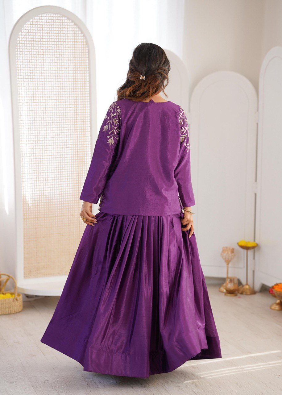 Purple Heavy Chinon Silk Embroidered Lehenga Choli Set With Koti