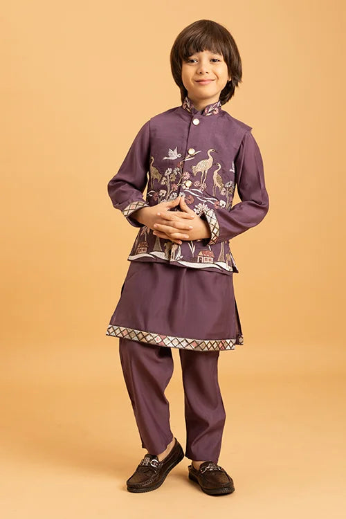 Graceful Purple Koti Kurta Set for Kids Wear