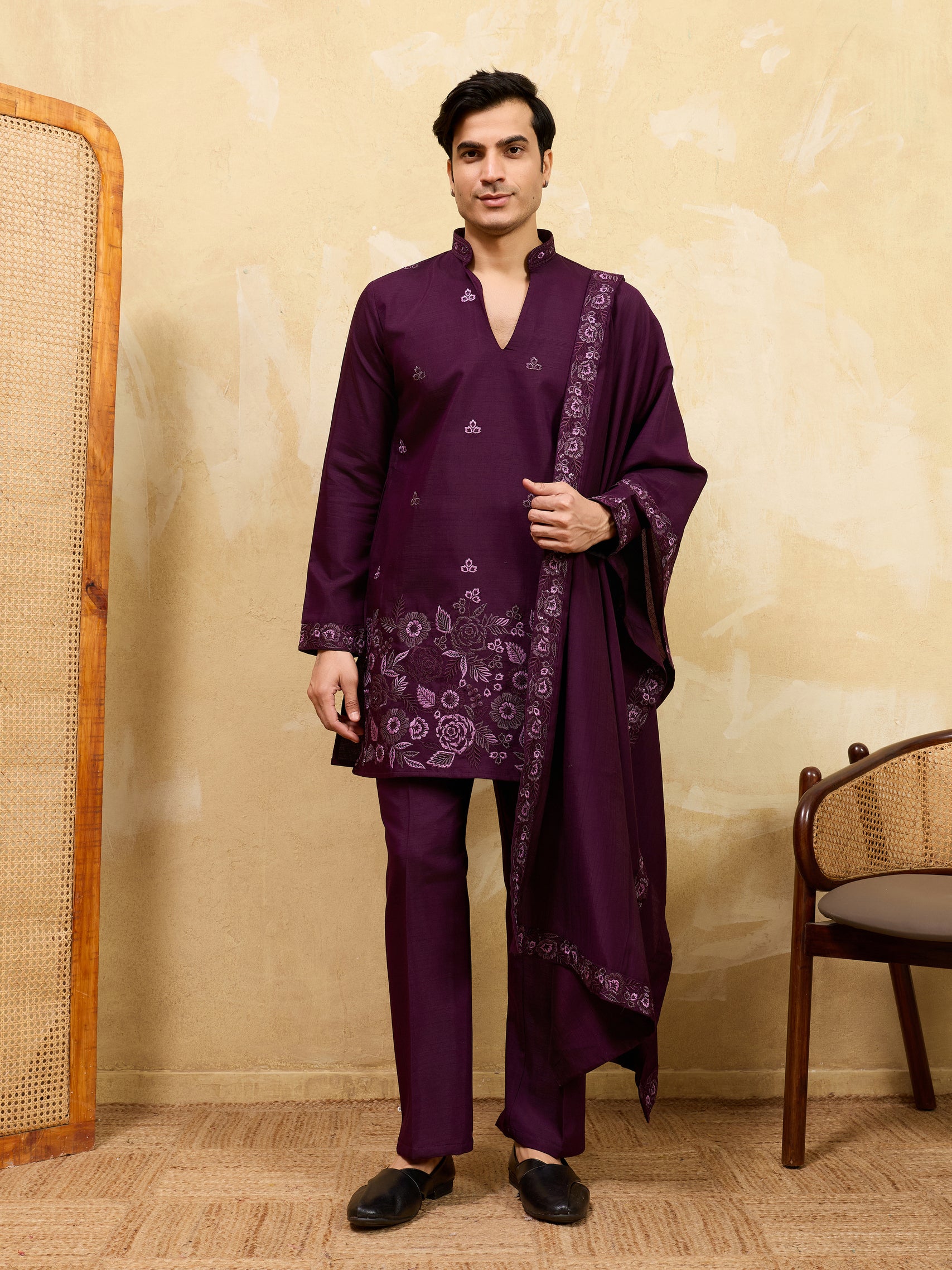 Elegant Purple Viscose Silk Embroidered Kurta Pant Dupatta Set