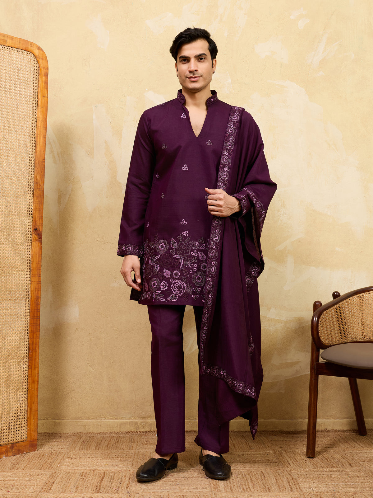 Elegant Purple Viscose Silk Embroidered Kurta Pant Dupatta Set