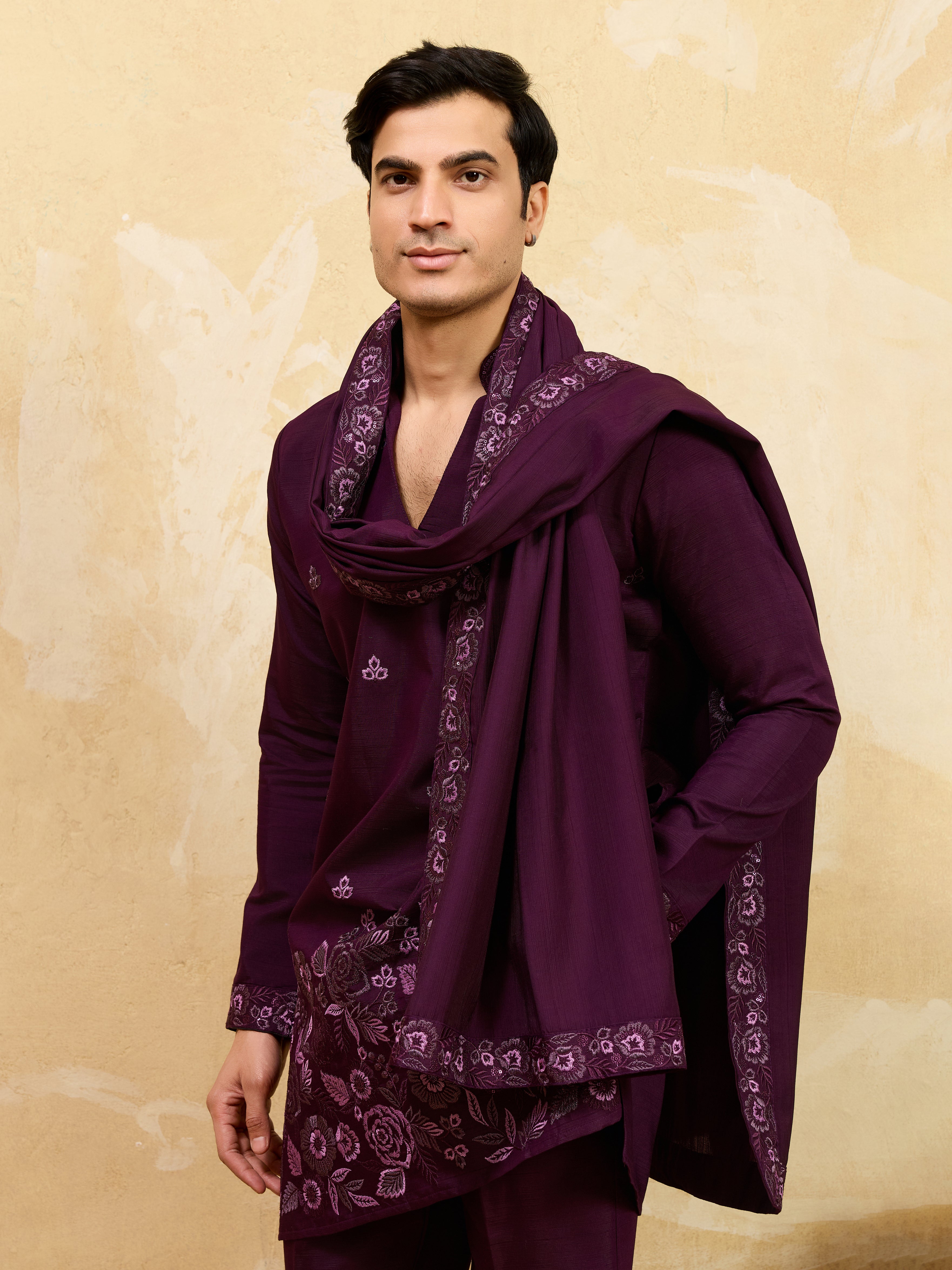 Elegant Purple Viscose Silk Embroidered Kurta Pant Dupatta Set
