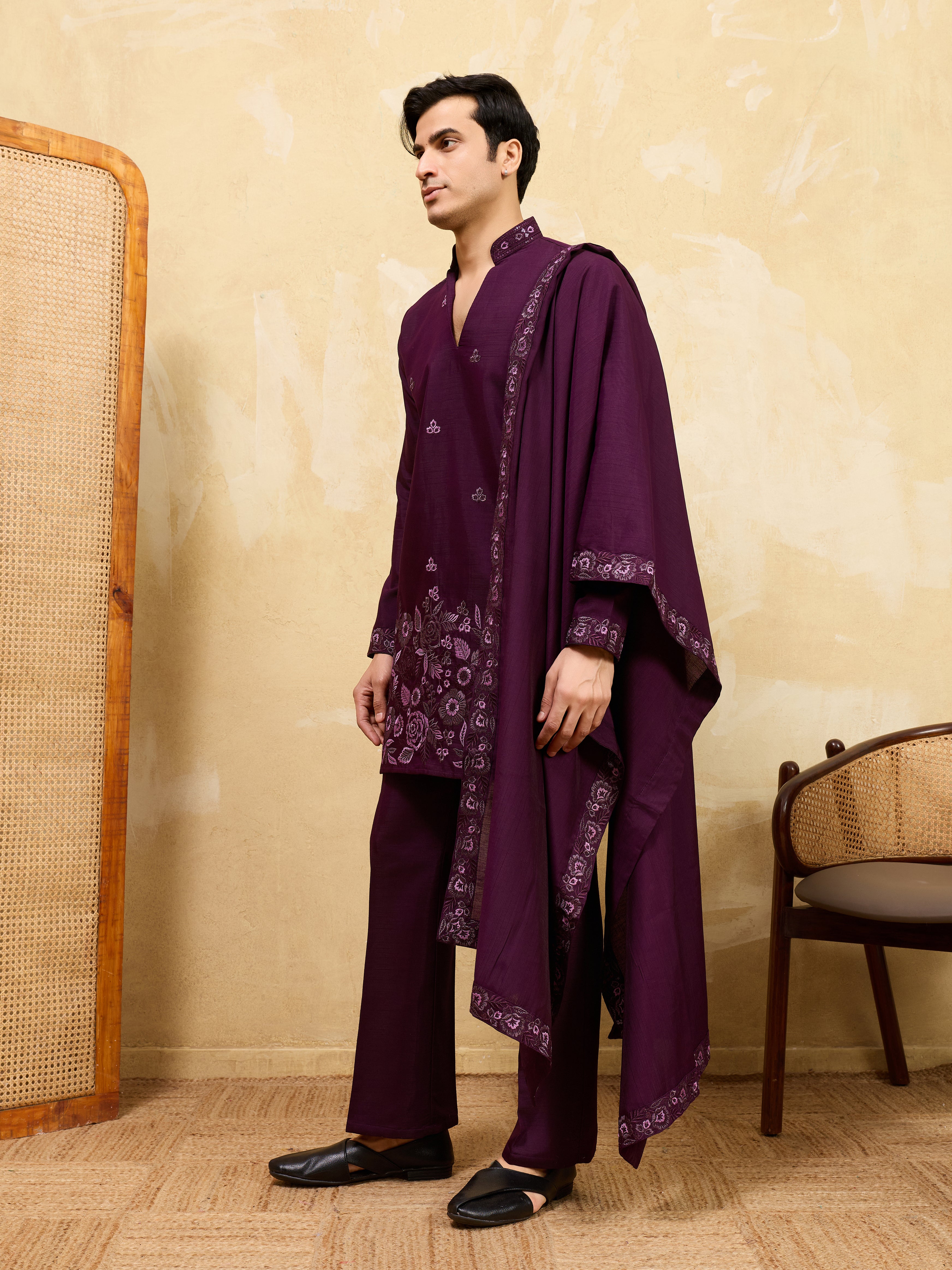 Elegant Purple Viscose Silk Embroidered Kurta Pant Dupatta Set