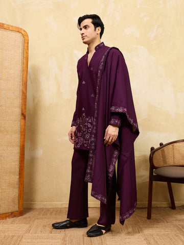 Elegant Purple Viscose Silk Embroidered Kurta Pant Dupatta Set