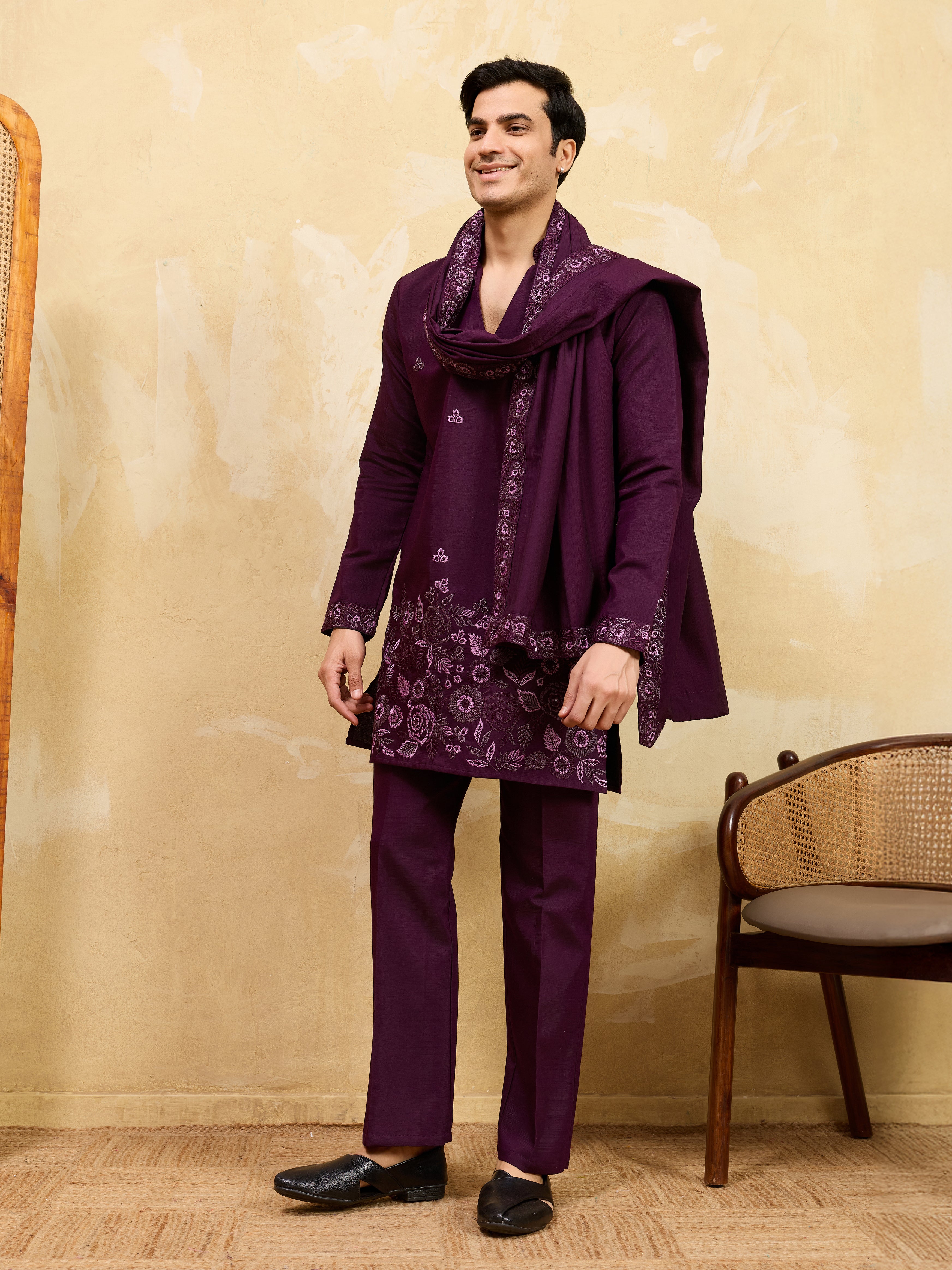 Elegant Purple Viscose Silk Embroidered Kurta Pant Dupatta Set
