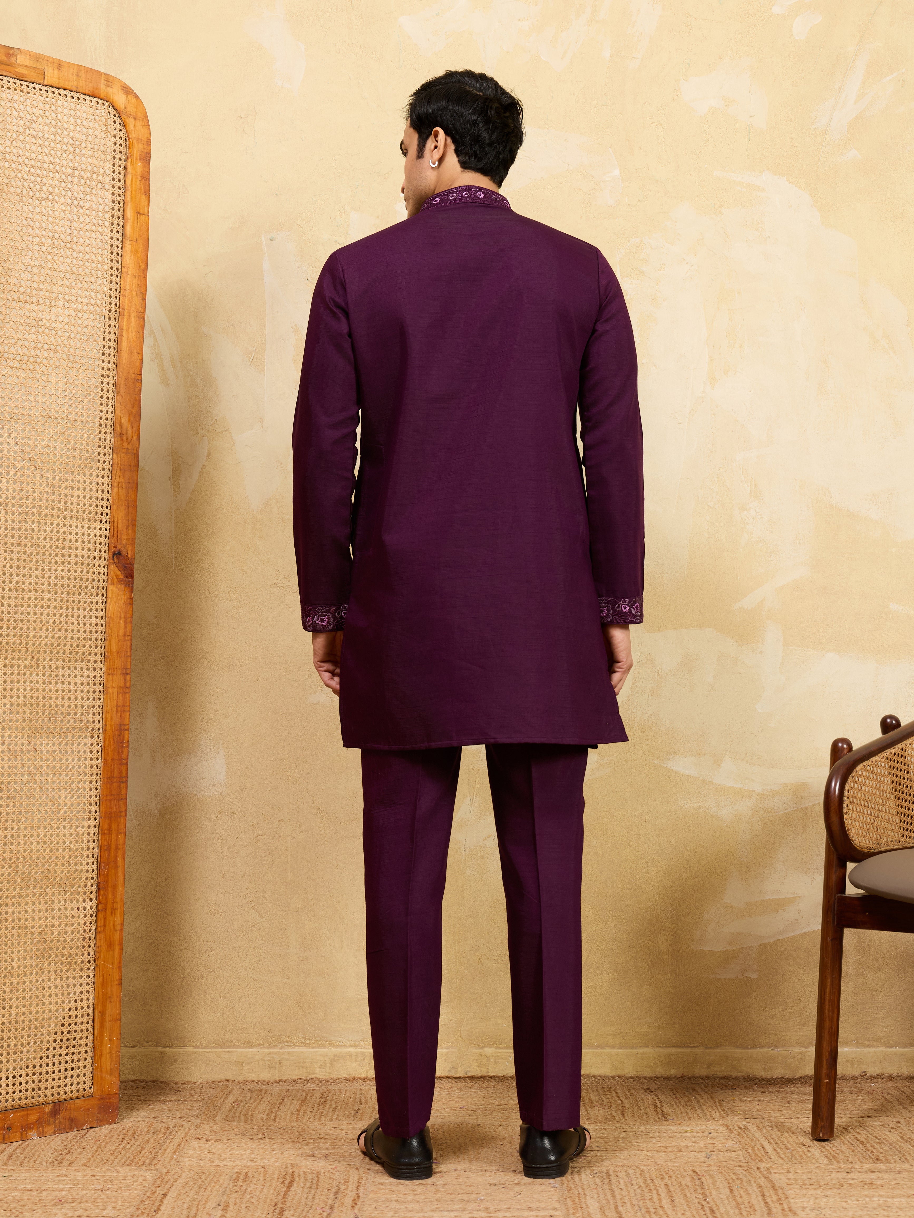 Elegant Purple Viscose Silk Embroidered Kurta Pant Dupatta Set
