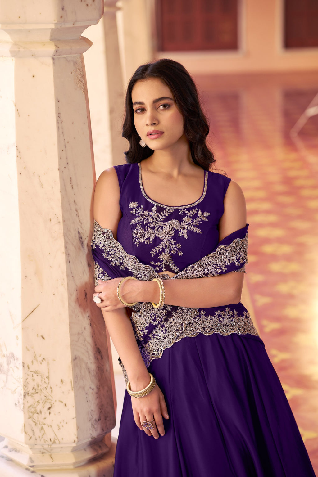 Festive Wear Purple Rangoli Silk Embroidered Lehenga Set with Dupatta
