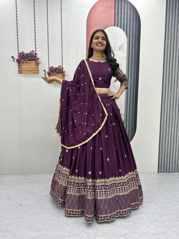 Luxury Purple Embroidered Lehenga Set For Wedding