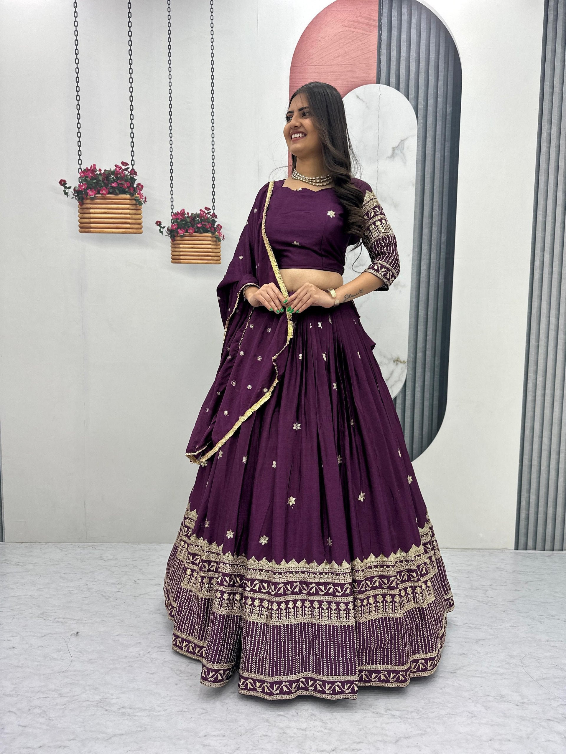 Luxury Purple Embroidered Lehenga Set For Wedding