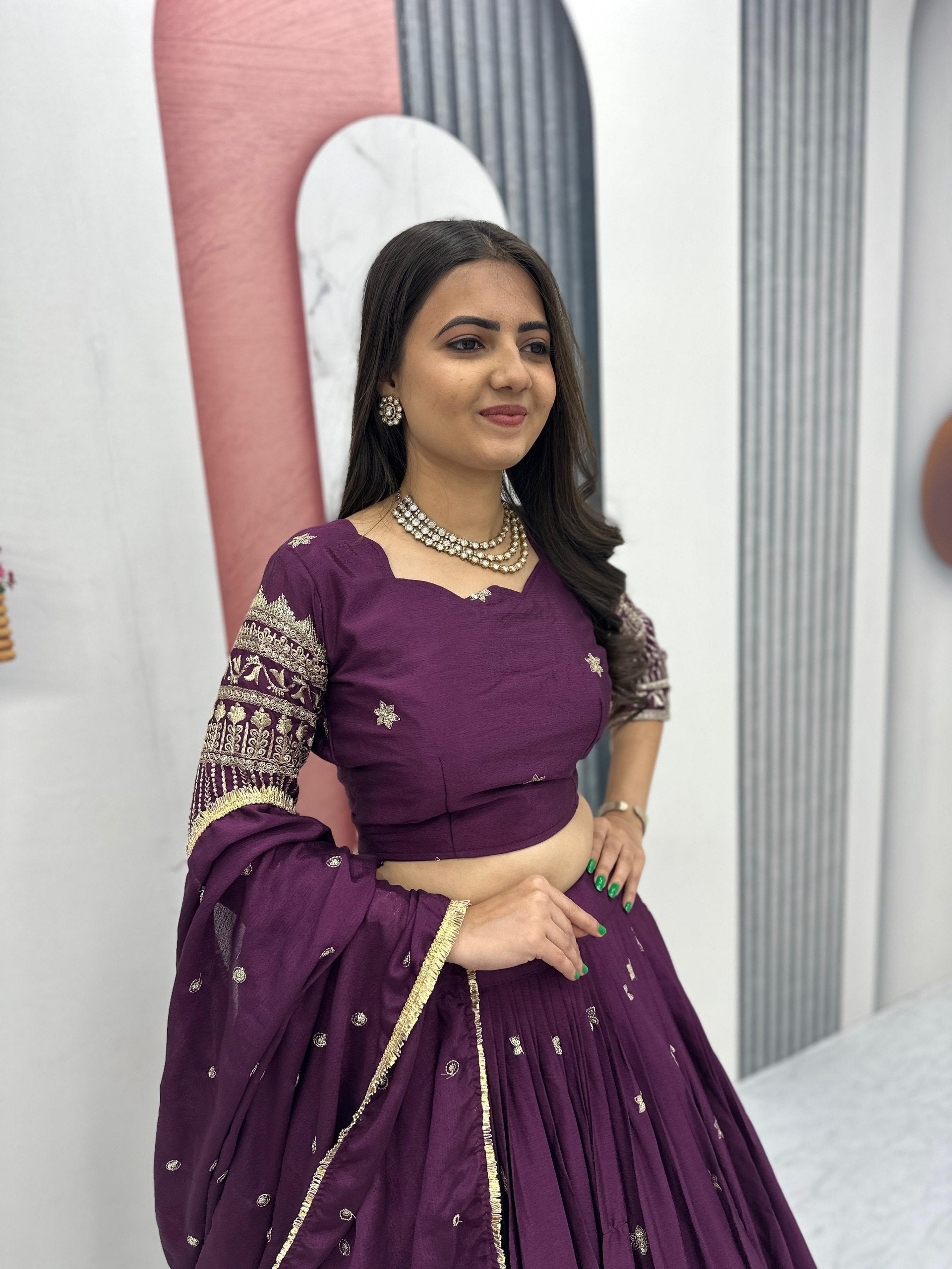 Luxury Purple Embroidered Lehenga Set For Wedding