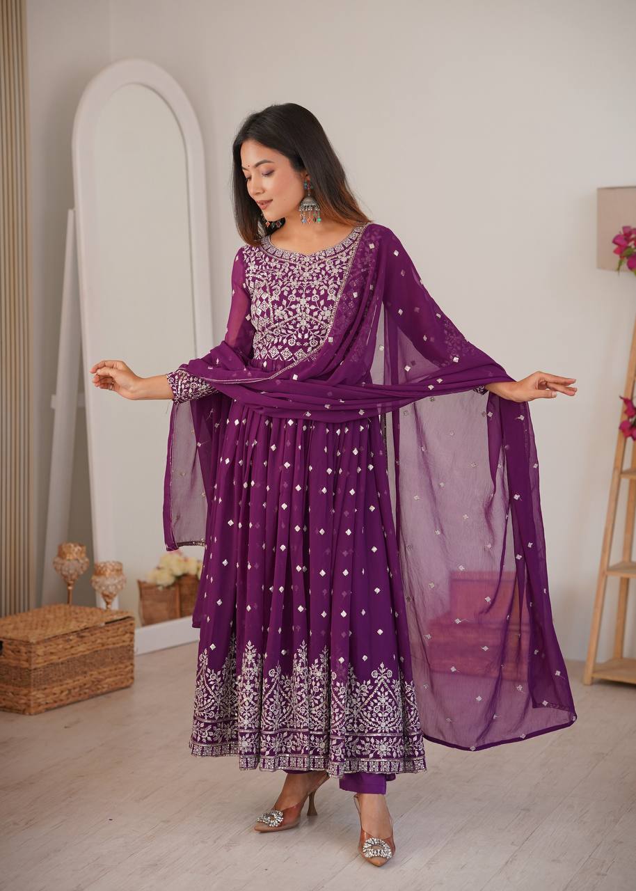 Purple Faux Georgette Sequin Work Anarkali Set with Pant and Dupatta
