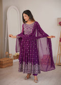 Purple Faux Georgette Sequin Work Anarkali Set with Pant and Dupatta
