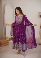 Purple Faux Georgette Sequin Work Anarkali Set with Pant and Dupatta
